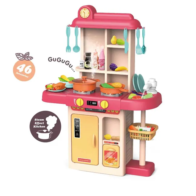 46Pcs Pretend Steam Kitchen Set With Light & Sound - Pink