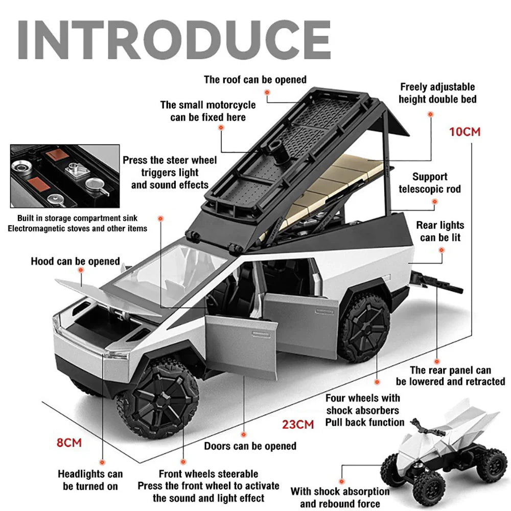 1:24 Diecast Tesla Camping Cybertruck With Bike