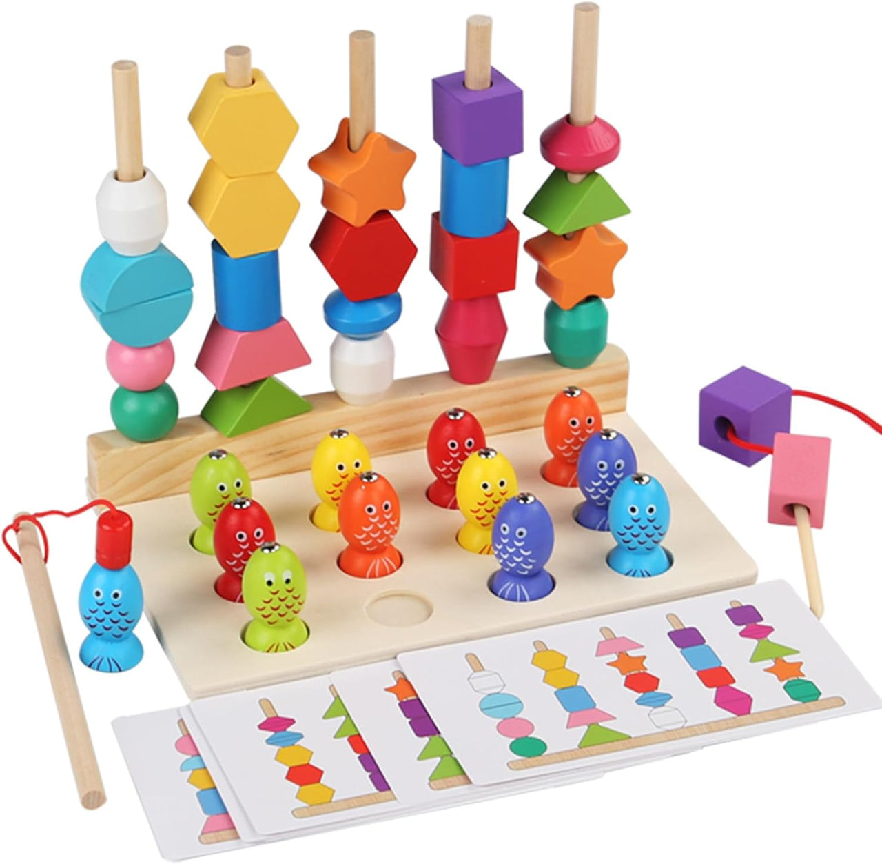 Wooden Montessori Five Sets Of Pillars & Fishing Game