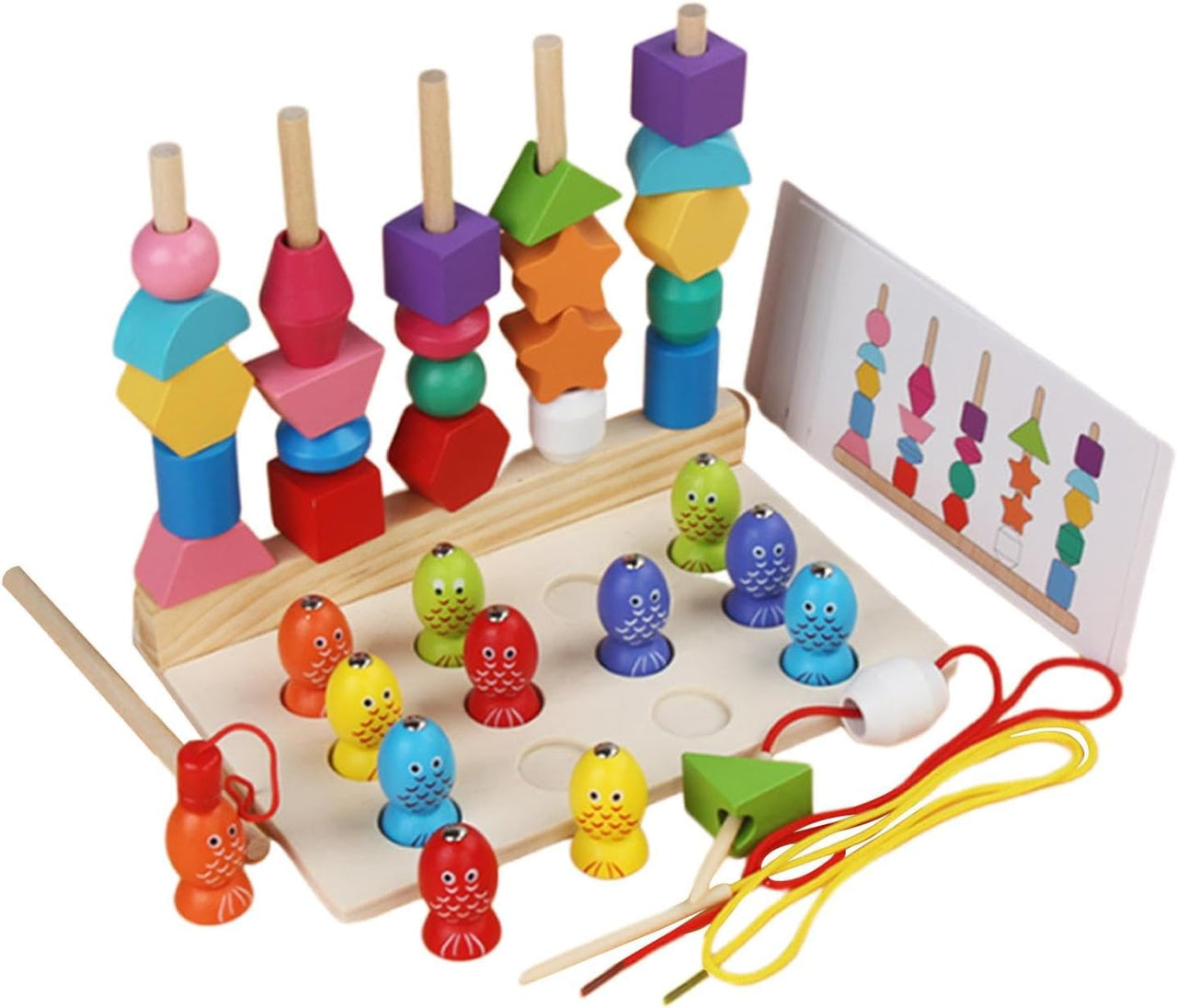 Wooden Montessori Five Sets Of Pillars & Fishing Game