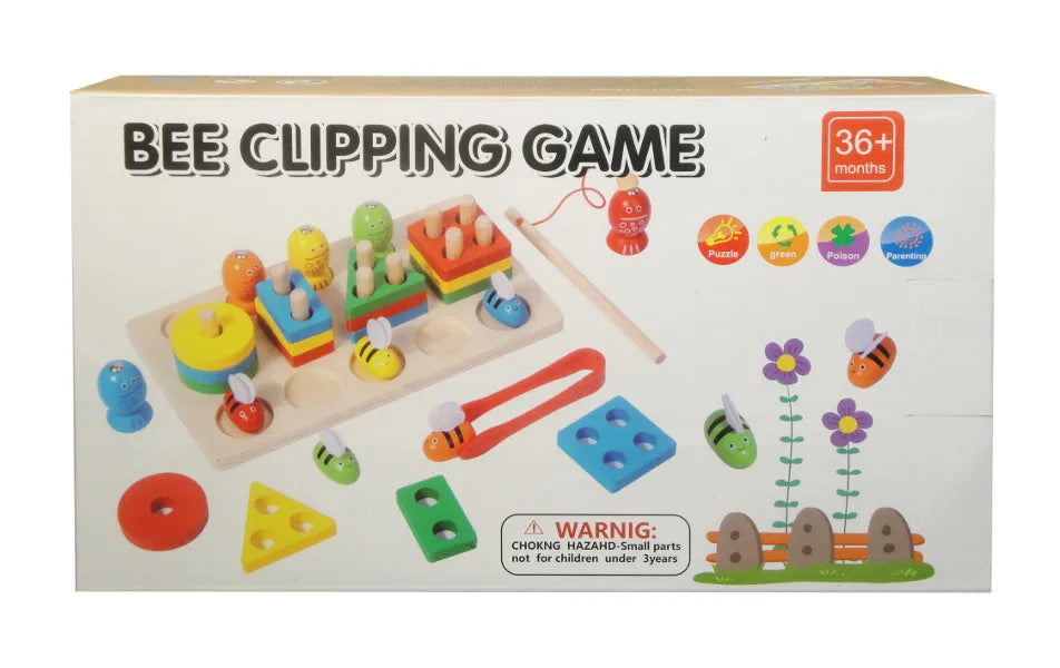 3in1 Wooden Toddlers Bee Clipping Game