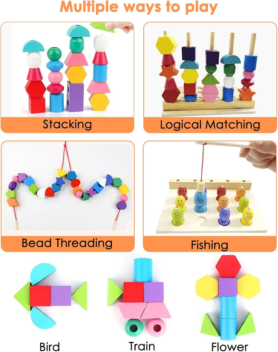 Wooden Montessori Five Sets Of Pillars & Fishing Game