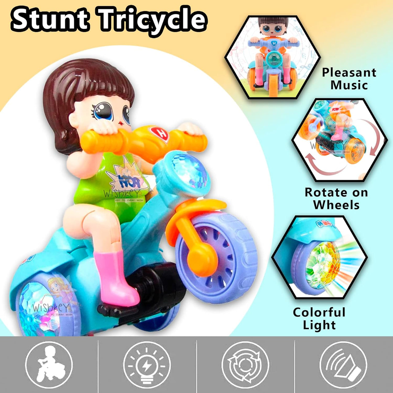 Electric Girl Riding Stunt Tricycle With Light & Music