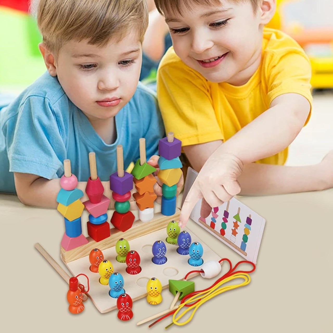 Wooden Montessori Five Sets Of Pillars & Fishing Game