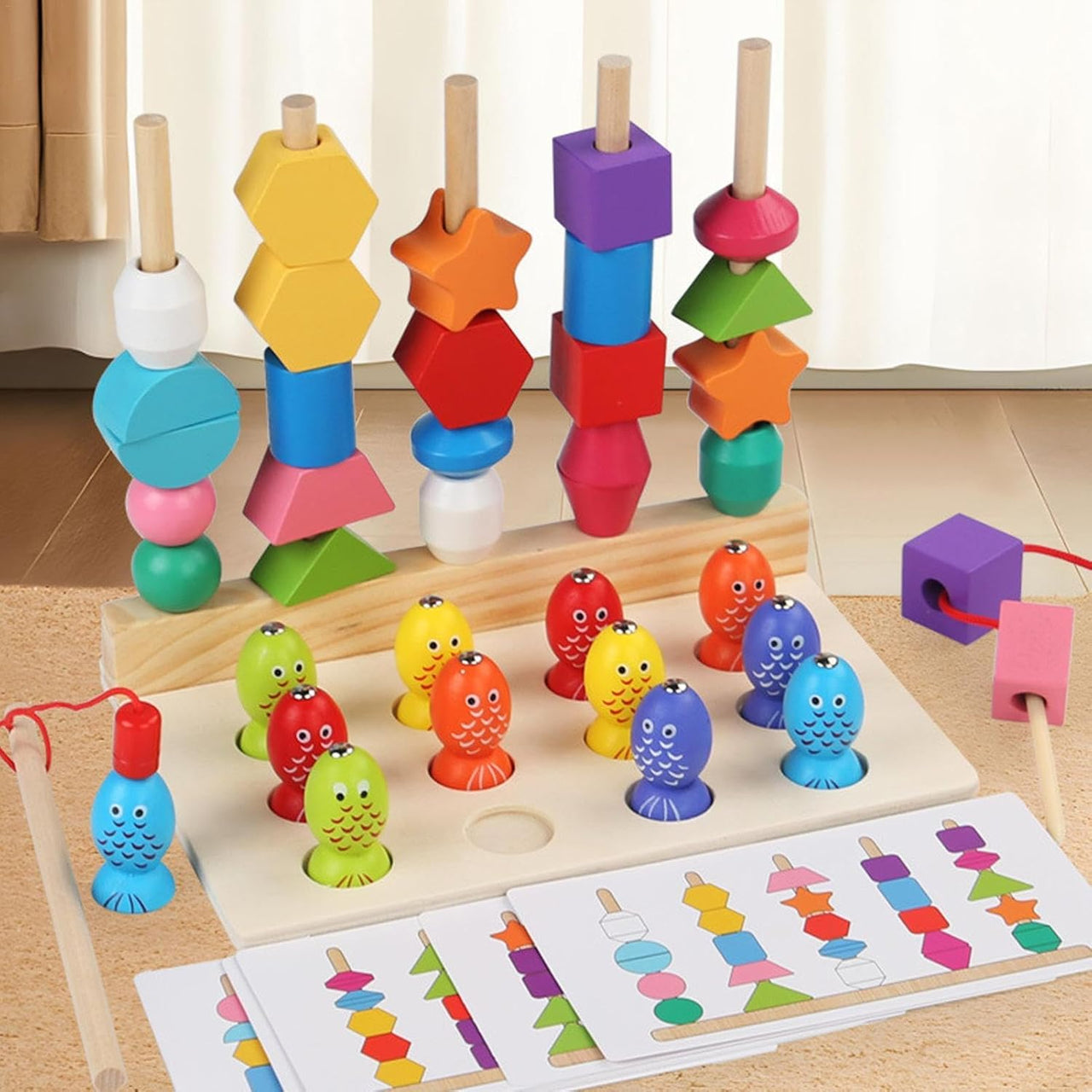 Wooden Montessori Five Sets Of Pillars & Fishing Game