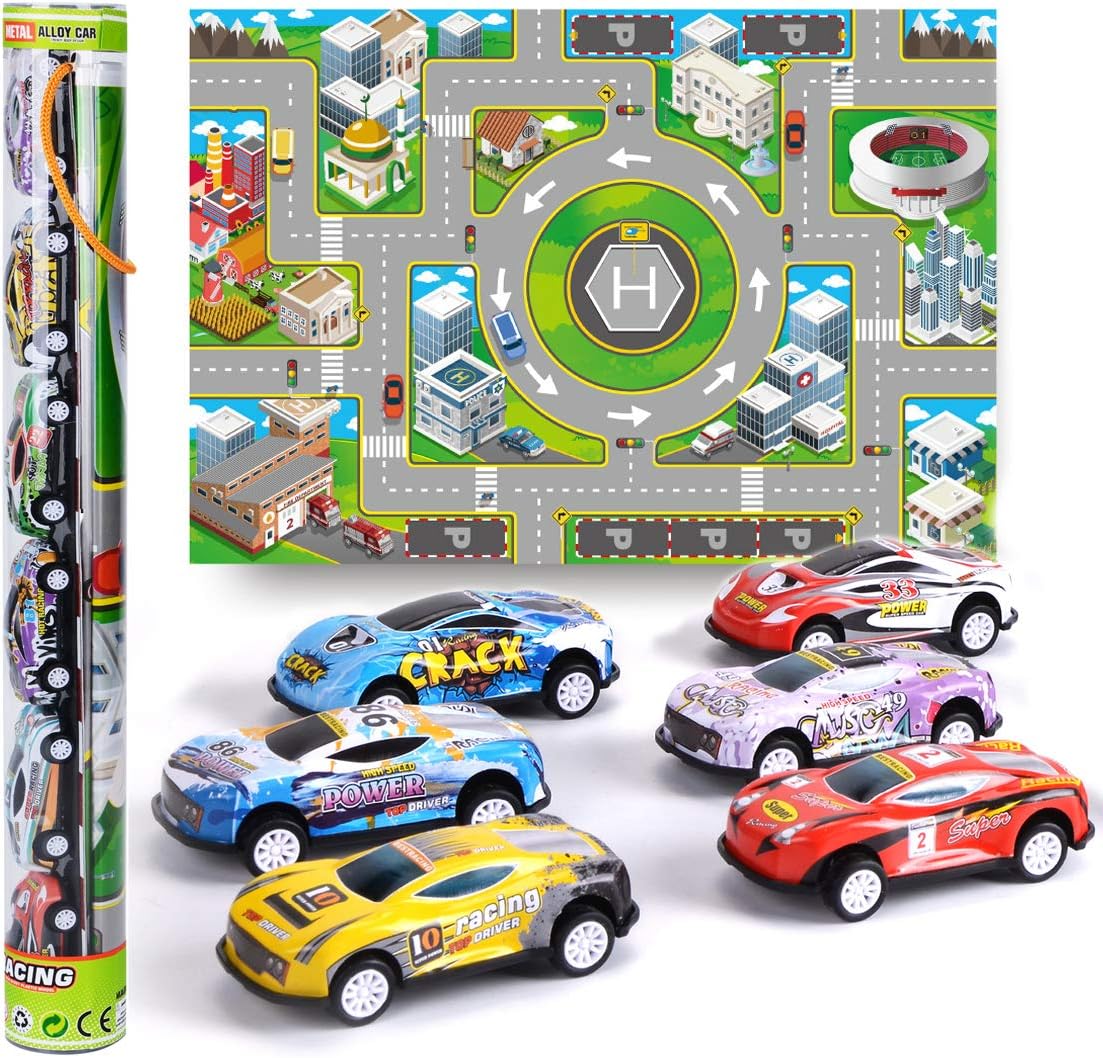 6Pcs Mini Inertial Cars With Road Map - Assortment