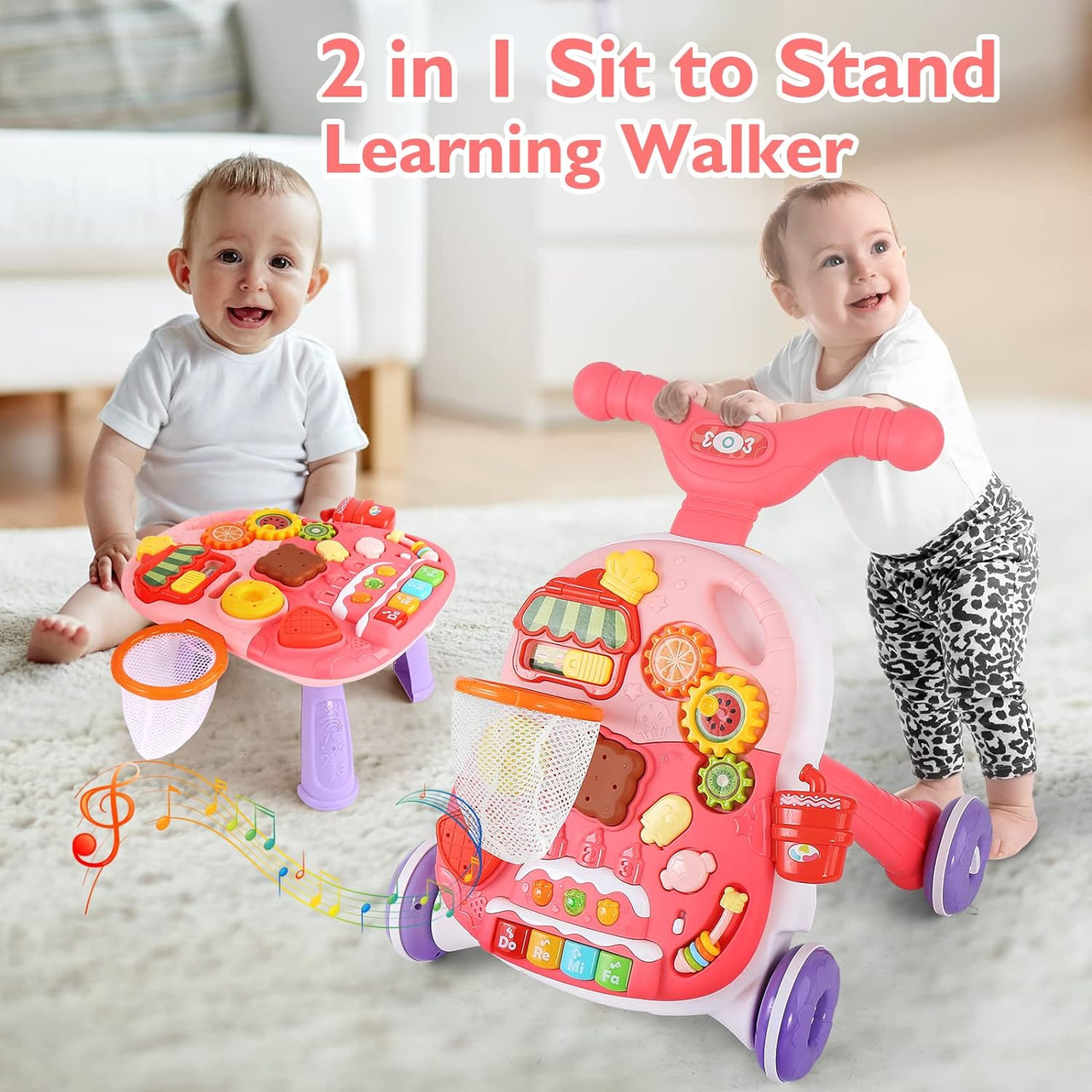 Huanger 2in1 Baby Musical Walker & Activity Table - Pink